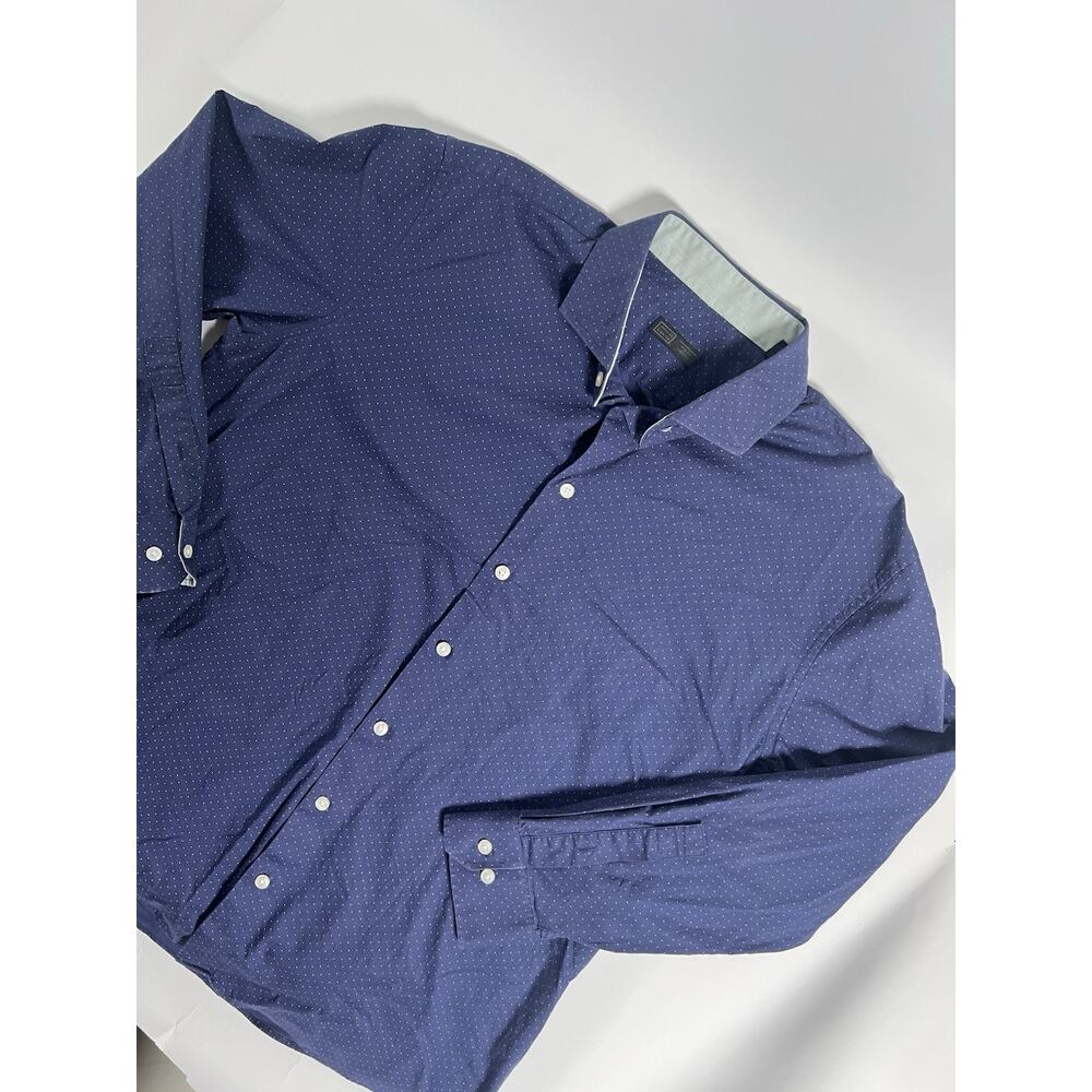 147 & Union Trim Fit Stretch Slim Blue Polka Dot 100% Cotton Dress Shirt L - Picture 2 of 7